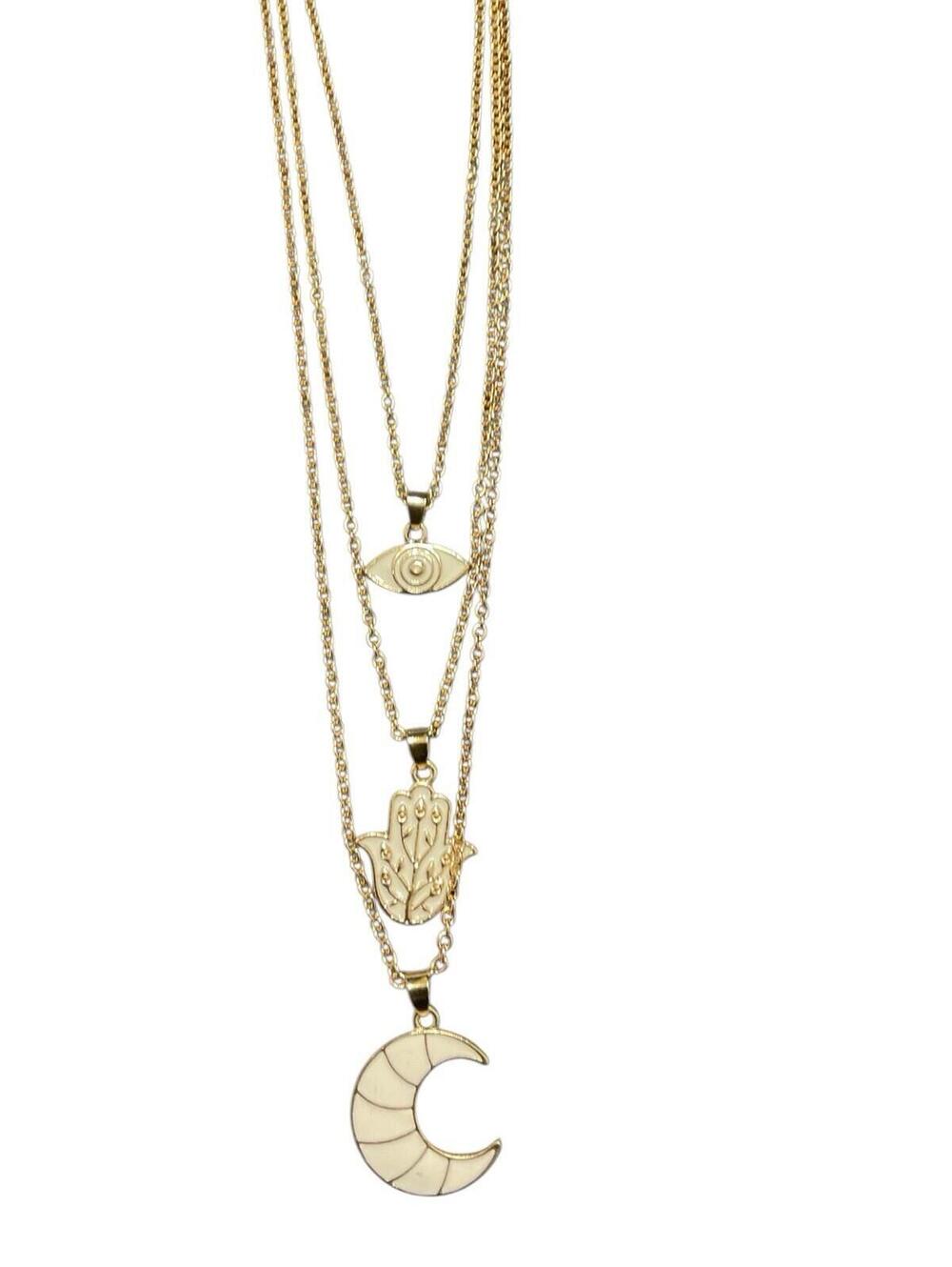 NWT Henna Layered Necklace Evil Eye Hamsa Crescent Moon Gold Tone Boho